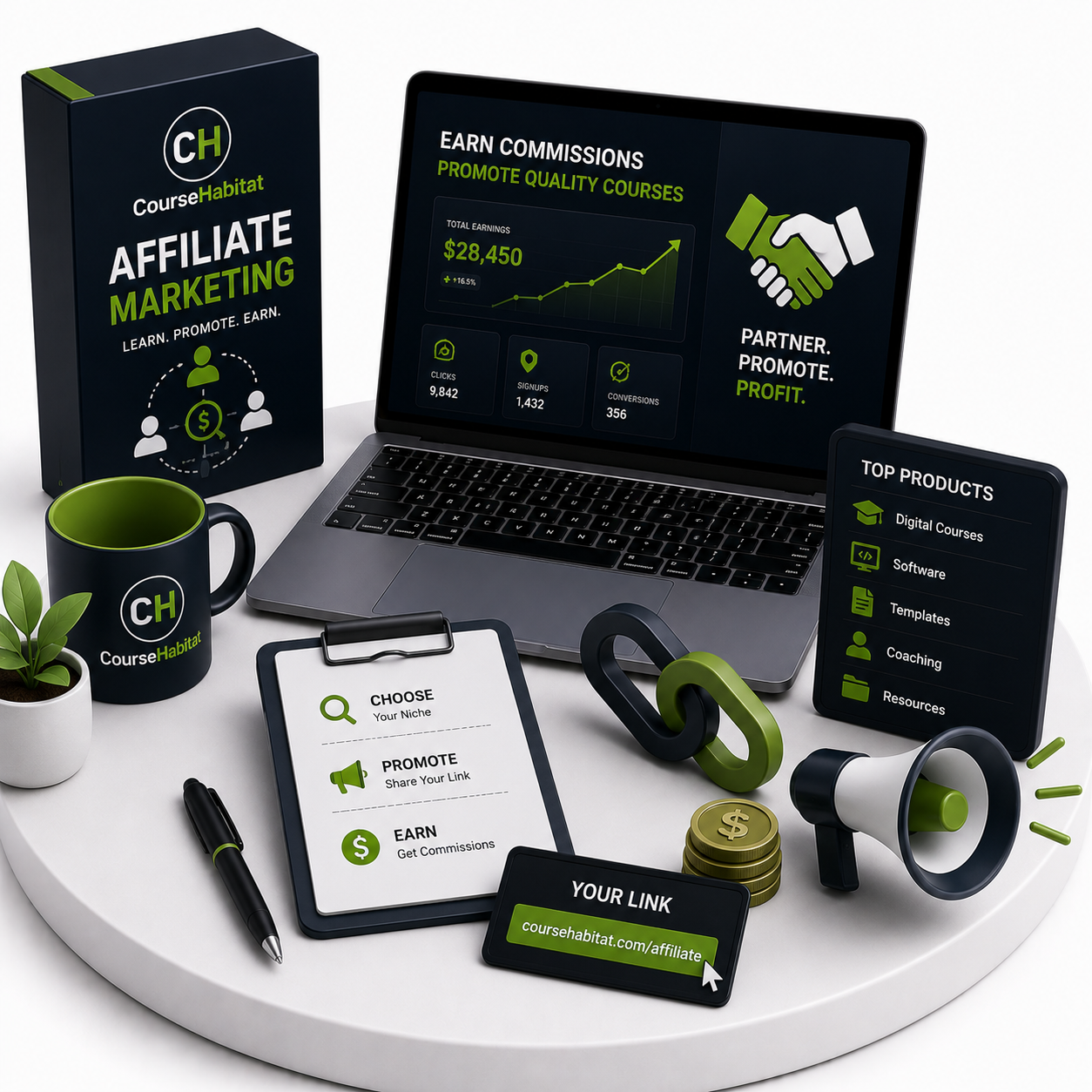 Affiliate marketing illustration showing partnerships, commissions, and online business growth.