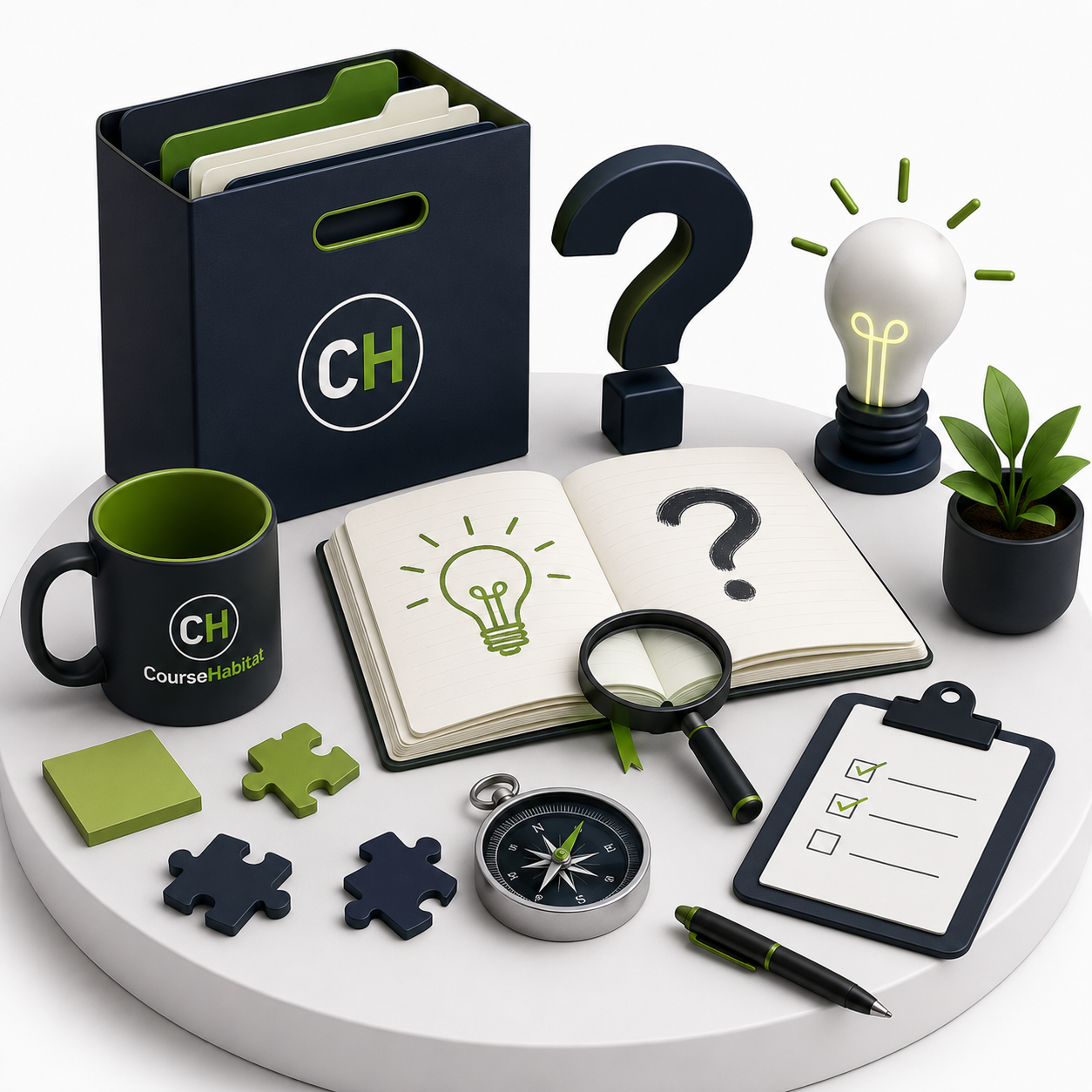 General learning and knowledge illustration featuring educational resources, ideas, organization, and problem-solving concepts.